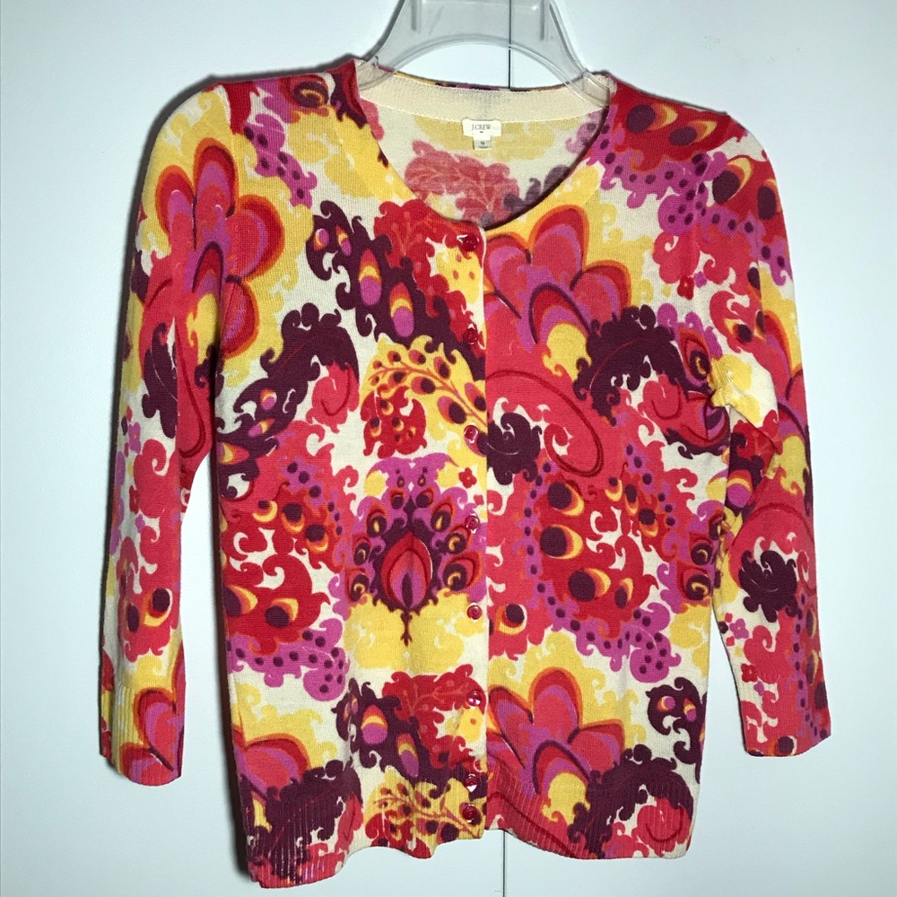Vintage J. Crew Floral Paisley Wool Cardigan Button Front 3/4 Sleeve